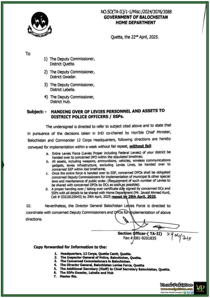 Government of Balochistan Orders Levies Force Handover to Police–Official Notification 1 Government of Balochistan Orders Levies Force Handover to Police–Official Notification