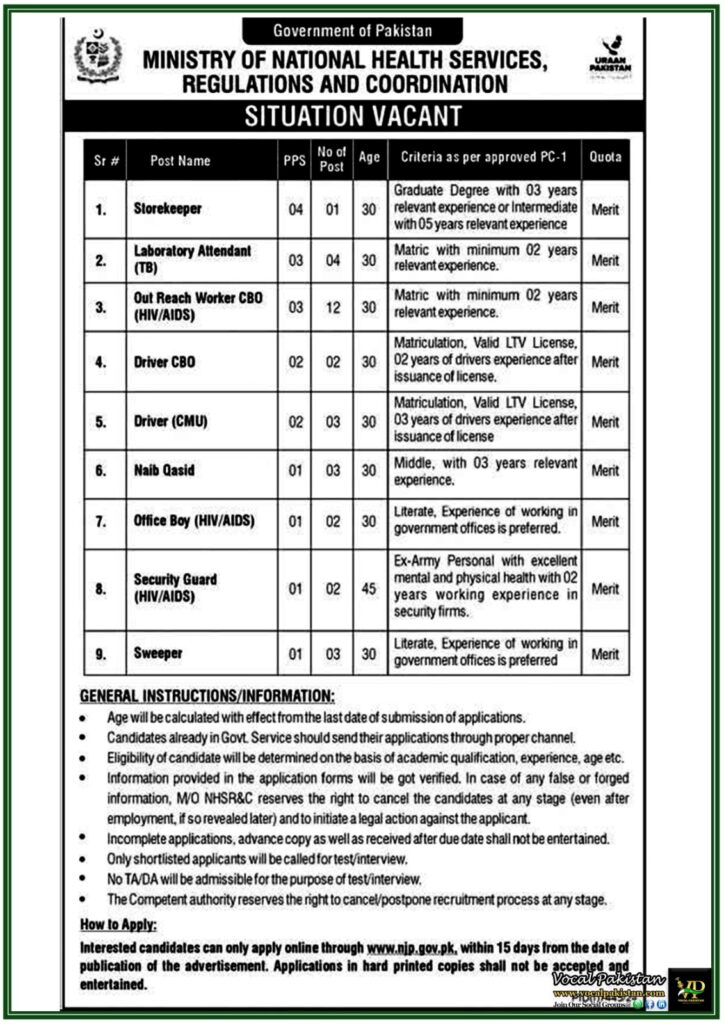 Ministry of National Health Services Jobs 2025–Apply Online for Storekeeper, Driver & More Government Jobs 1 Ministry of National Health Services Jobs 2025–Apply Online for Storekeeper, Driver & More Government Jobs