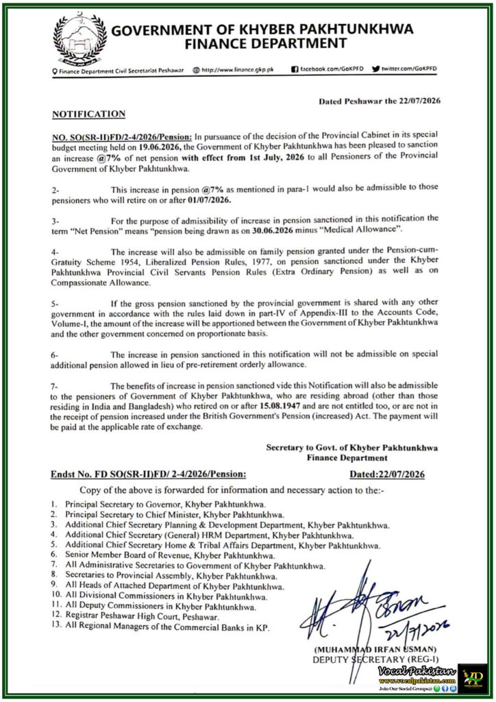 KPK Pension Increase 2026 Notification 7% Raise Approved for Retired Employees