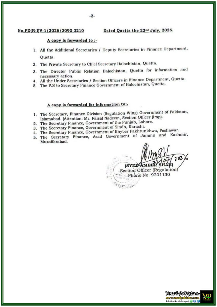 Notification of Balochistan Revises Conveyance Allowance Rates for BPS-1 to BPS-22