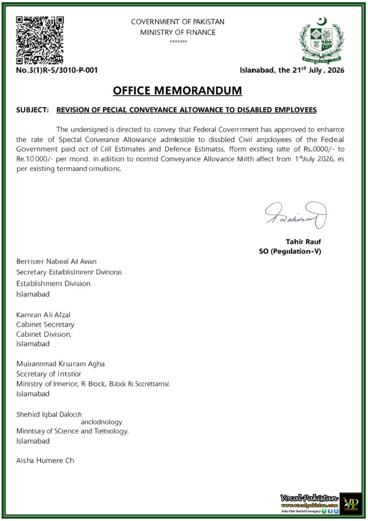 Pakistan Increases Special Conveyance Allowance for Disabled Civil Employees in 2026-Notification