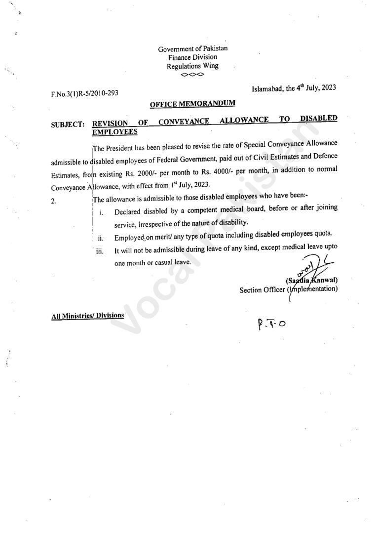 Revision of Conveyance Allowance to Disabled Employees Vocal Pakistan