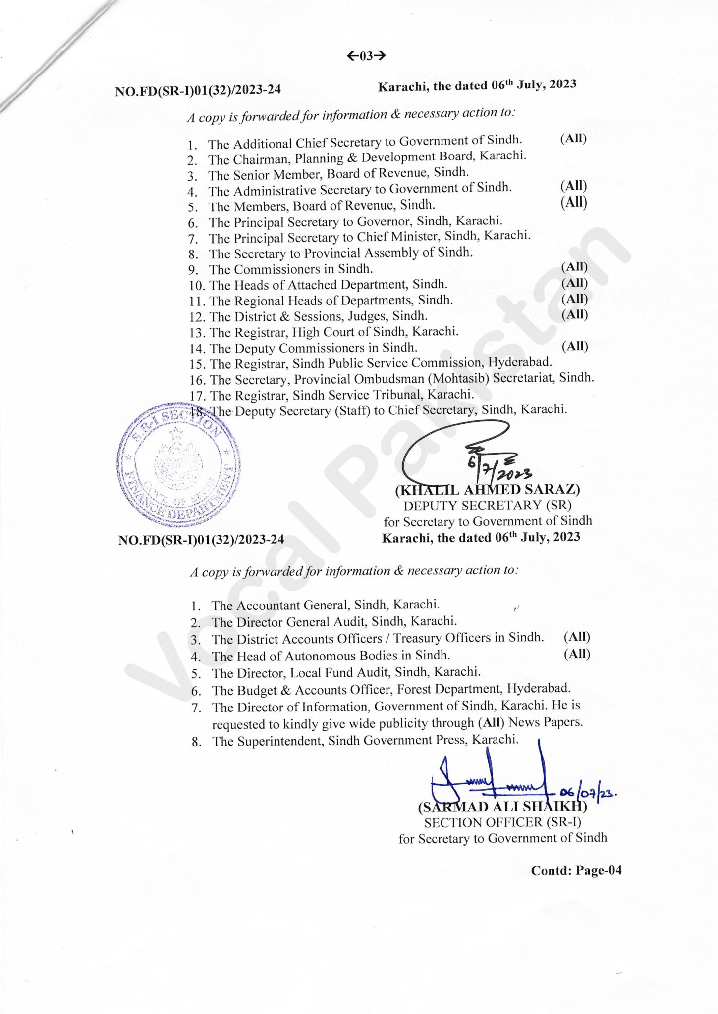 Grant of Adhoc Relief Allowance2023 to all civil servants of Sindh government and revision of
