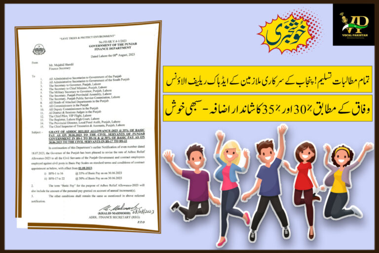 Grant Of Adhoc Relief Allowance-2023 @ 35% Of Basic Pay As On 30.06.2023 To The Civil Servants Of Punjab Government In BS-1 To BS-16 & @ 30% Of Basic Pay As On 30.06.2023 To The Civil Servants In BS-17 To BS-22