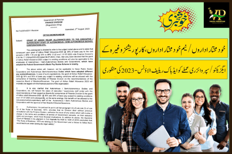 Grant Of Adhoc Relief Allowance-2023 To The Executive / Supervisory Staff Of Autonomous / Semi Autonomous Bodies, Corporations Etc.