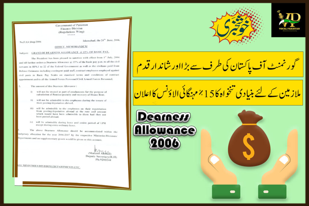 Grant Of Dearness Allowance @ 15% Basic Pay 2006