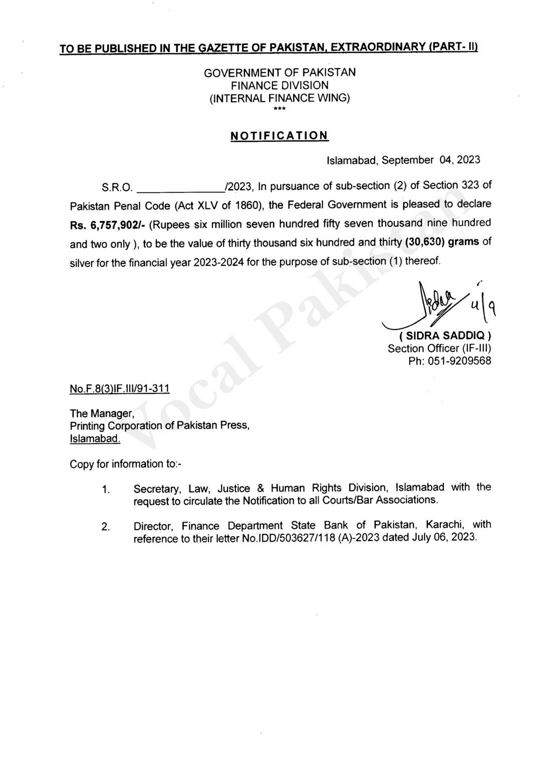 Notification of Diyat for the Financial Year 20232024 Vocal Pakistan