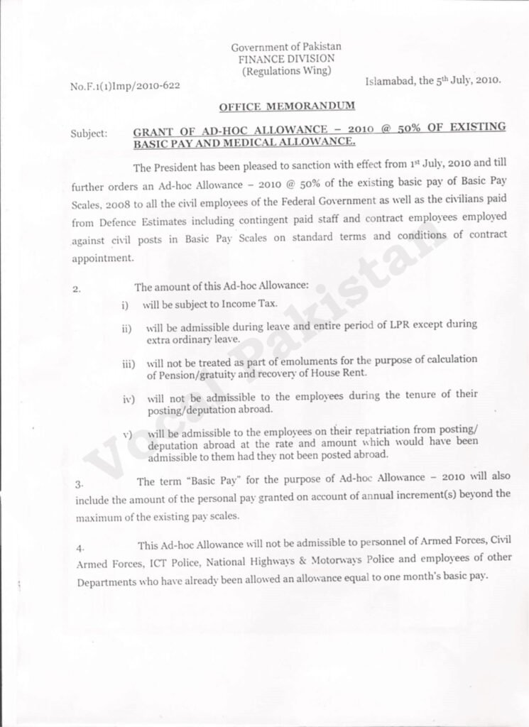 Grant Of Ad-hoc Allowance – 2010 @ 50% Of Existing Basic Pay And Medical Allowance