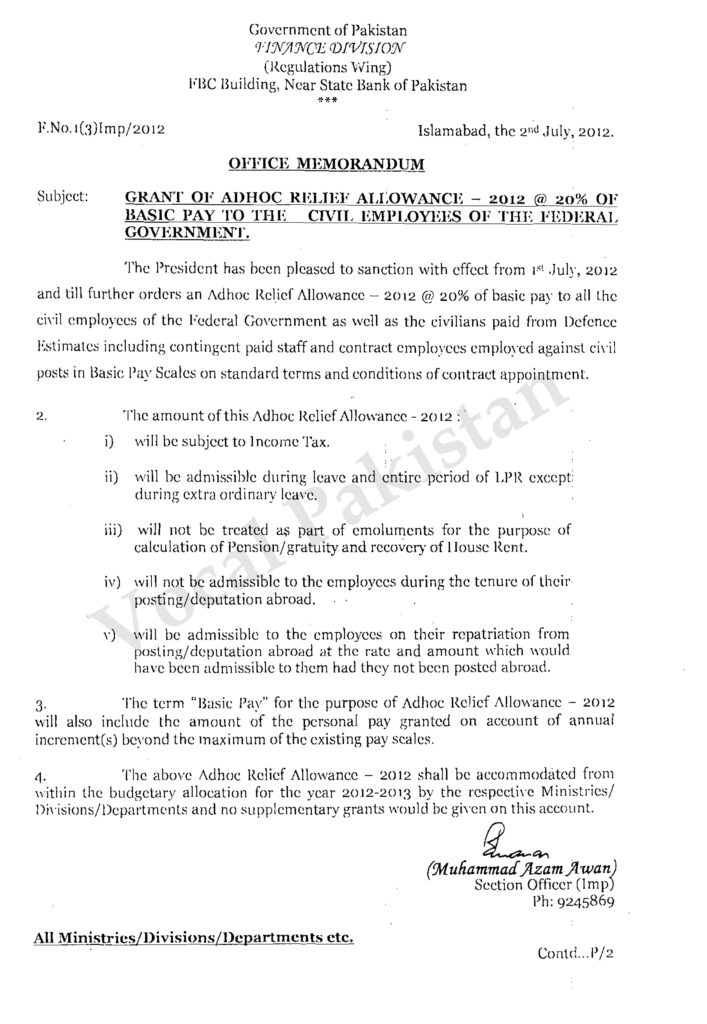 Grant Of Adhoc Relief Allowance – 2012 @ 20% Of Basic Pay To The Civil Employees Of The Federal Government