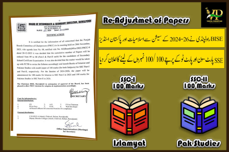 BISE Rawalpindi Notification About Cumulative Number Of Papers Will Be Reduced From 09 To 08