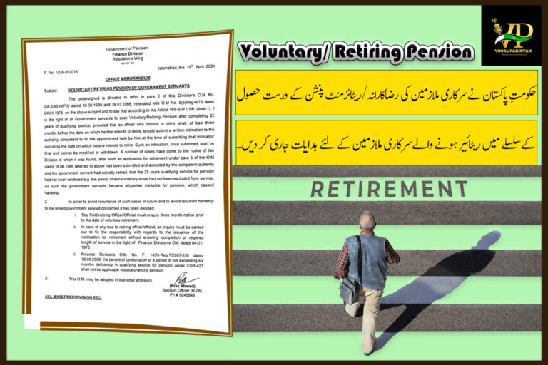 Government Pakistan Issued Notification About Voluntary/Retiring Pension Of Government Servants