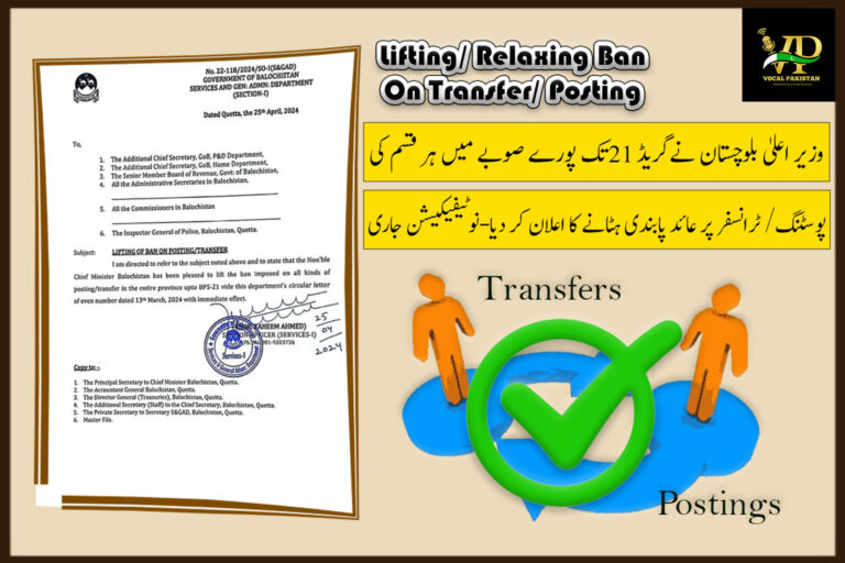 Notification-Lifting Of Ban On Transfer/ Posting By Government Of Balochistan