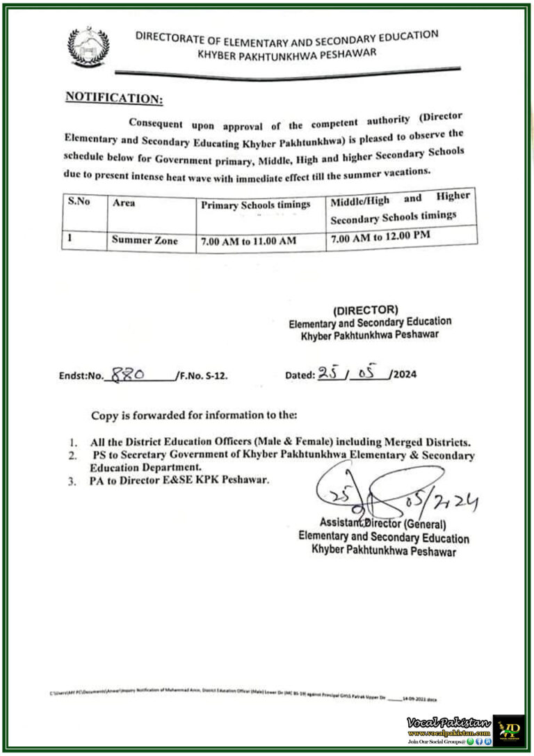 Announcement of Revised Schools Timings Due To Heat Wave in Khyber Pakhtunkhwa-Notification