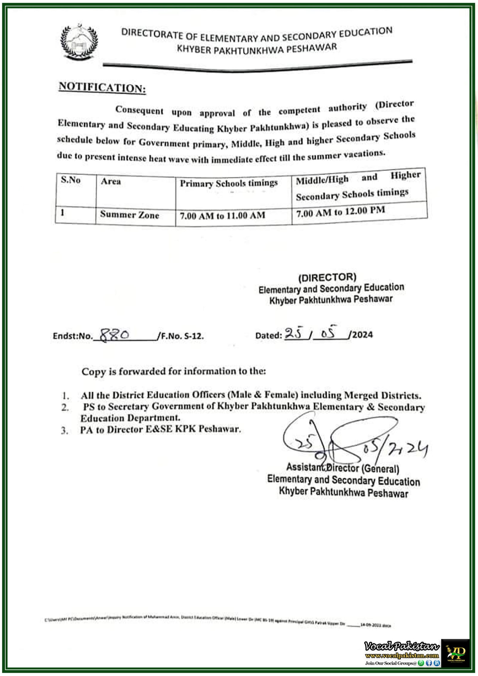 Announcement of Revised Schools Timings Due To Heat Wave in Khyber Pakhtunkhwa-Notification