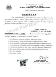 Circular-Mandatory Office Timings for School Education & Literacy Department Sindh Officials