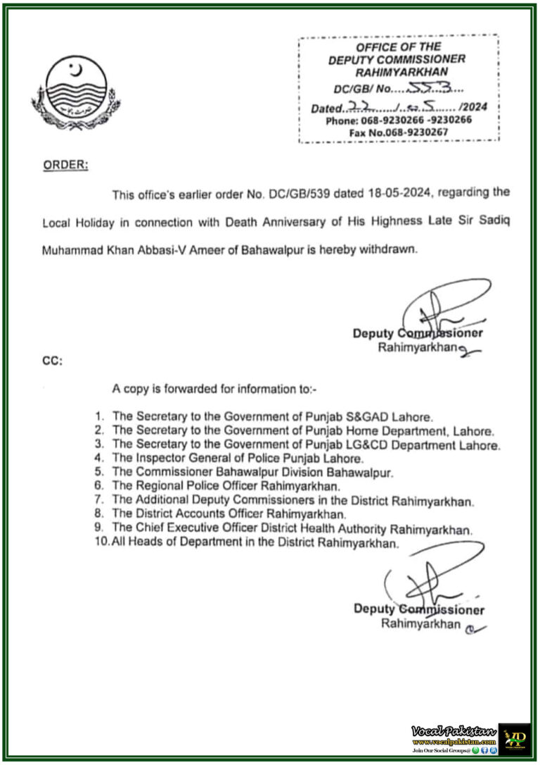 Deputy Commissioner Rahim Yar Khan Has Withdrawn The Earlier Notification Regarding The Local Holiday In The Rahim Yar Khan District