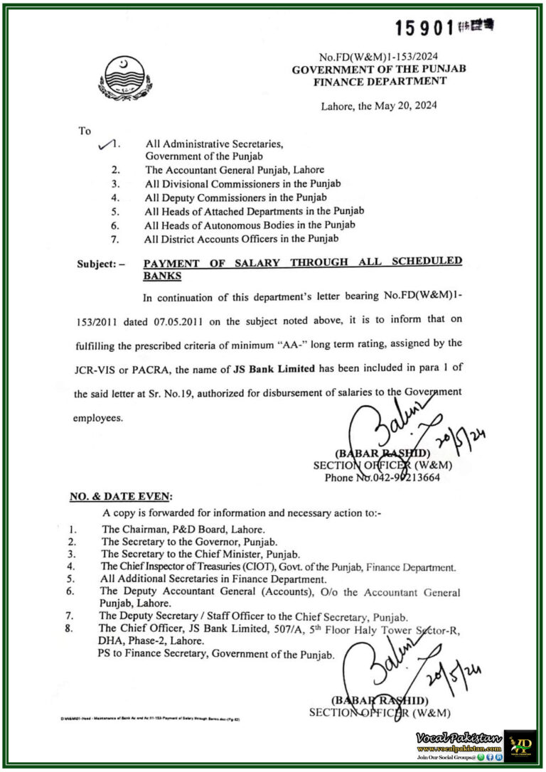 Finance Department Government Of The Punjab Notification Regarding Payment Of Salary Through All Scheduled Banks