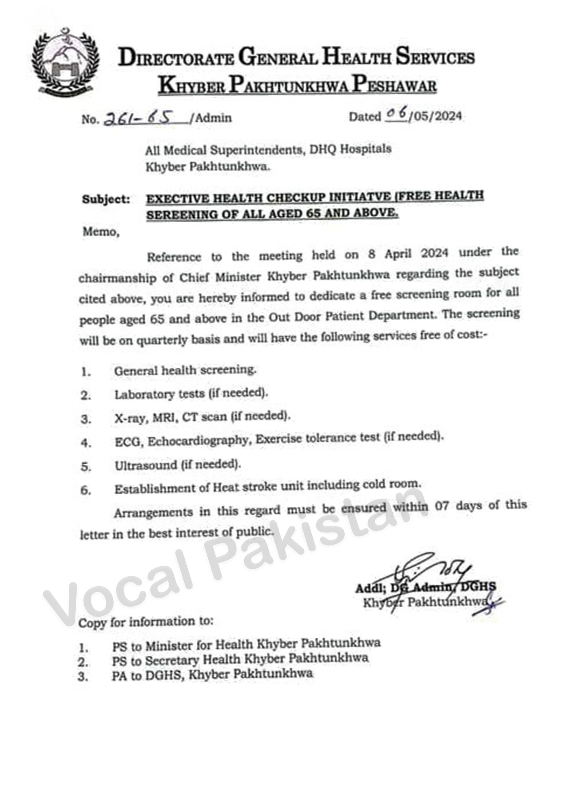 KPK 1 Good Initiative By KPK Government-Executive Health Checkup Initiative (Free Health Screening) Of All Aged 65 And Above (Notification)