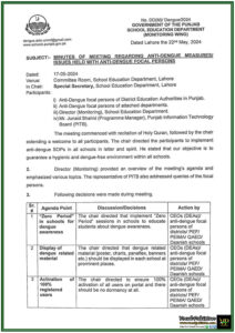 Government Of The Punjab, School Education Department Issued Minutes Of Meeting Regarding Anti-Dengue Measures/ Issues Field With Anti-Dengue Focal Persons-Notification