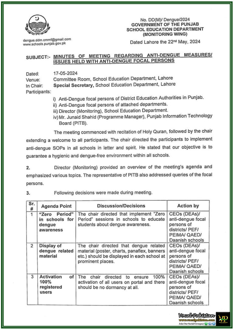 Government Of The Punjab, School Education Department Issued Minutes Of Meeting Regarding Anti-Dengue Measures/ Issues Field With Anti-Dengue Focal Persons-Notification