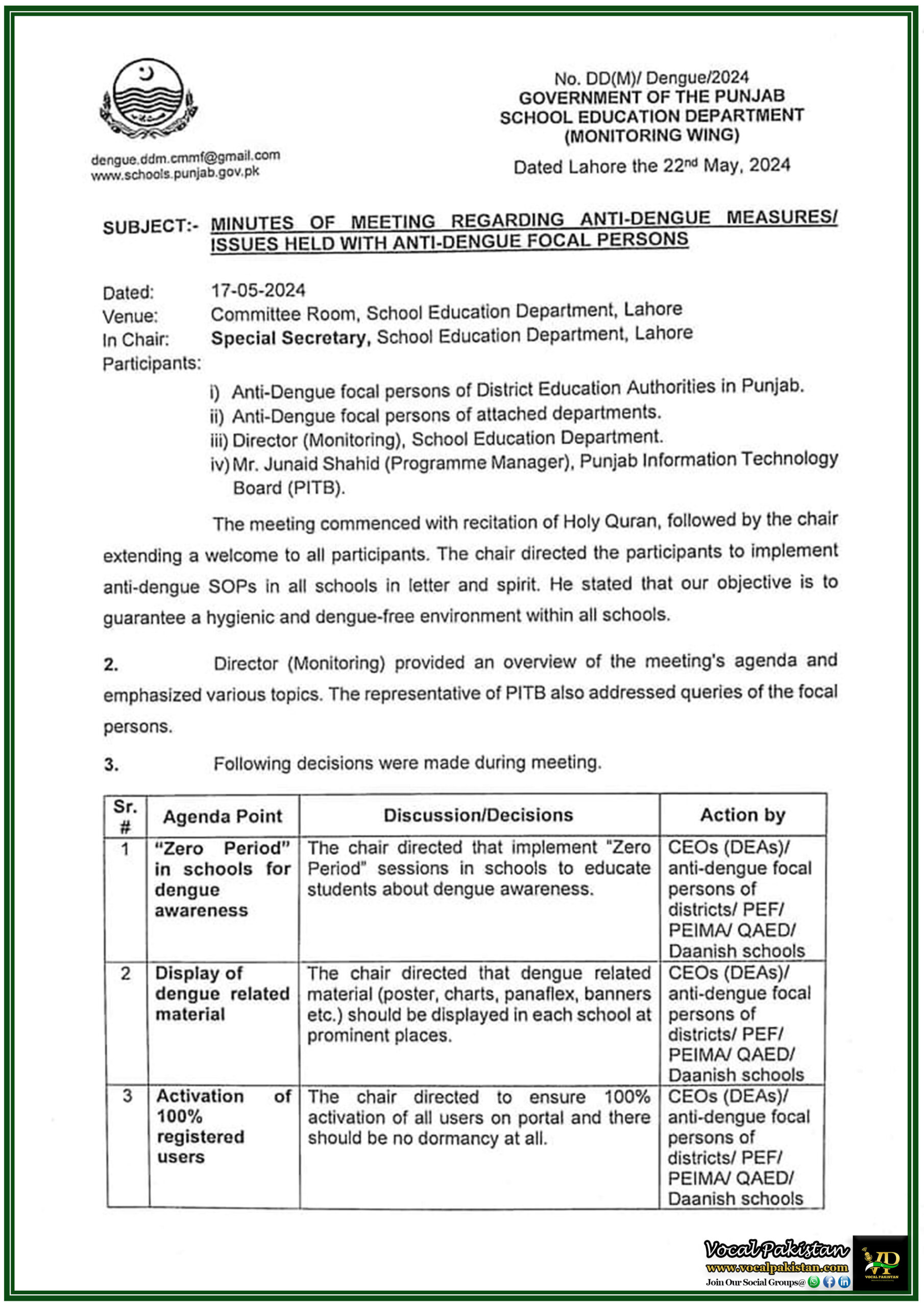 Government Of The Punjab, School Education Department Issued Minutes Of Meeting Regarding Anti-Dengue Measures/ Issues Field With Anti-Dengue Focal Persons-Notification