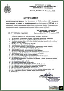 Government Offices in Sindh to Observe Diwali Holiday on November 13th for Hindu Employees-Notification