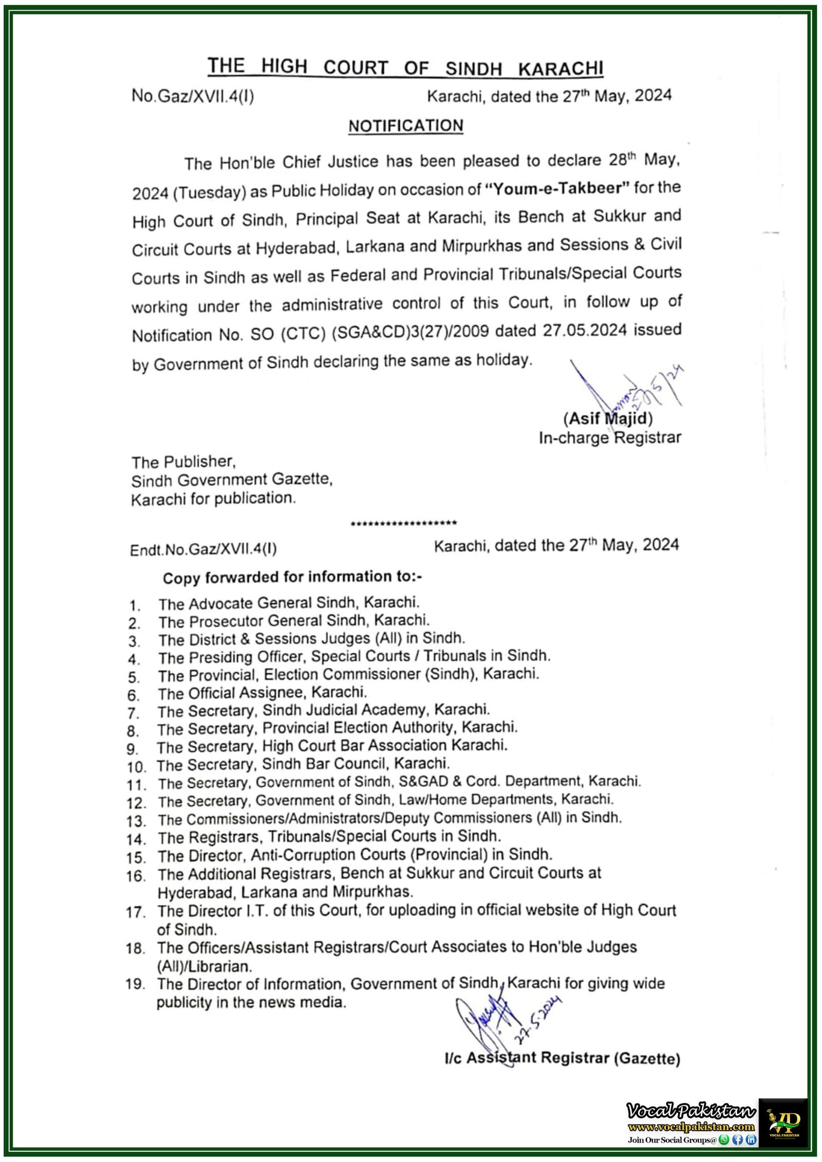 High Court of Sindh Declares Public Holiday on 28th May for Youm-e-Takbeer-Notification