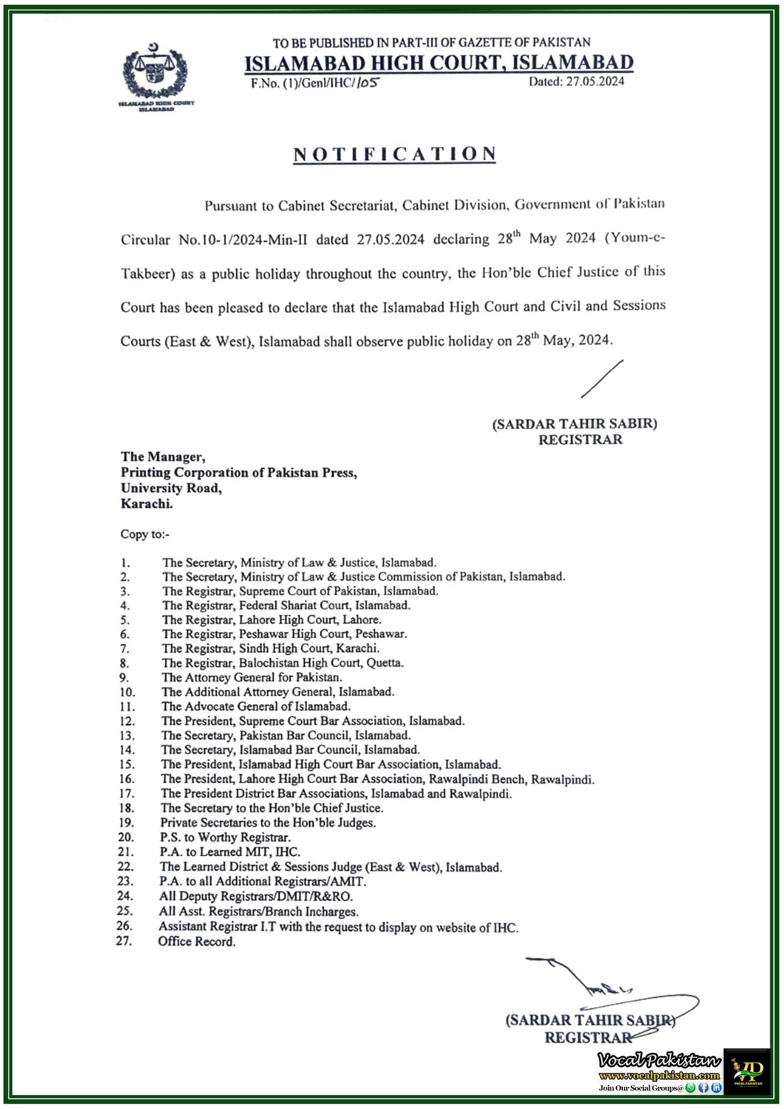 Islamabad High Court Declares 28th May Youm-e-Takbeer as a Public Holiday-Notification