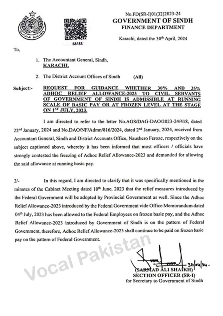 Notification-Request For Guidance Whether 30% And 35% Adhoc Relief Allowance-2023 To Civil Servants Of Government Of Sindh Is Admissible At Running Scale Of Basic Pay Or At Frozen Level At The Stage On 1st July.2023-Government Of Sindh