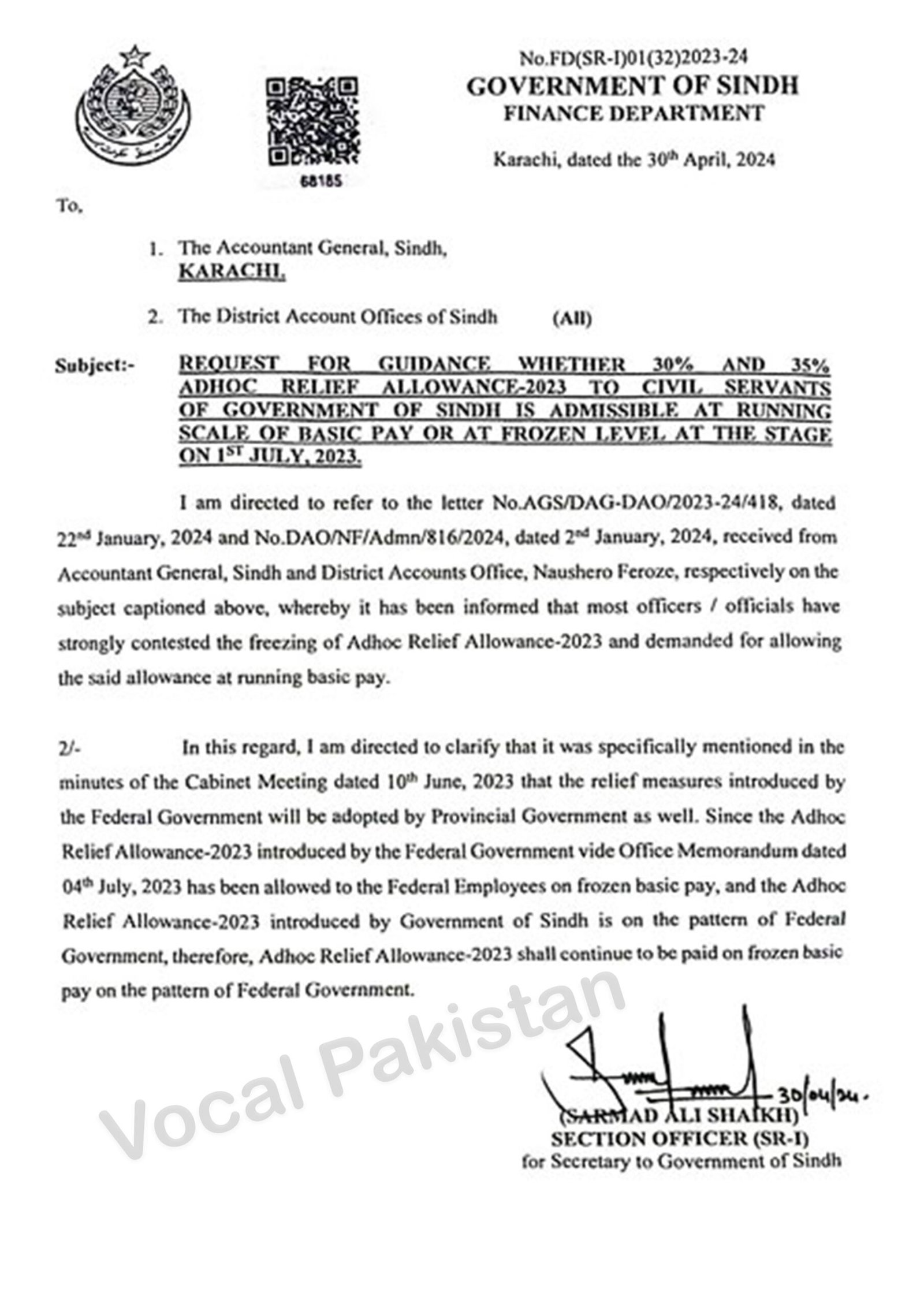 Notification-Request For Guidance Whether 30% And 35% Adhoc Relief Allowance-2023 To Civil Servants Of Government Of Sindh Is Admissible At Running Scale Of Basic Pay Or At Frozen Level At The Stage On 1st July.2023-Government Of Sindh