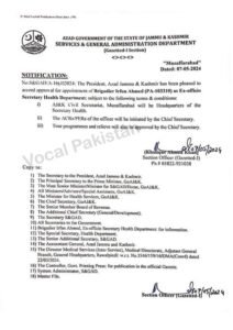 Notification- Appointment of Brigadier Irfan Ahmed as Ex-officio Secretary Health Department by Government of The State Of Jammu & Kashmir