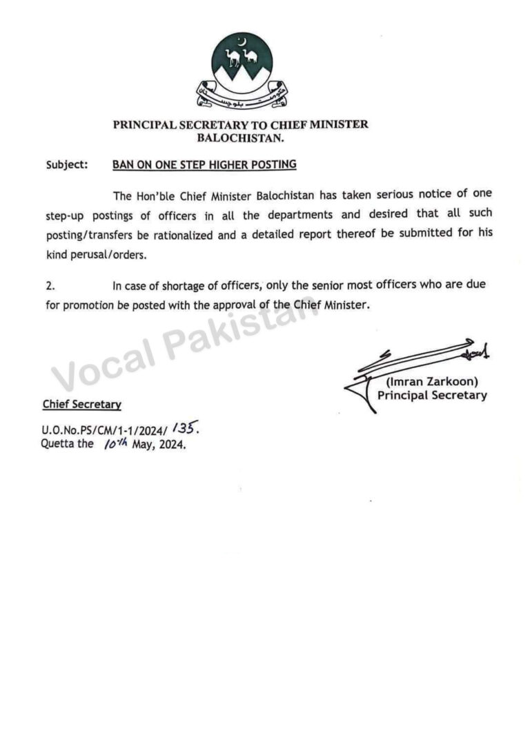 Notification-Ban on One Step Higher Posting By Government of Balochistan