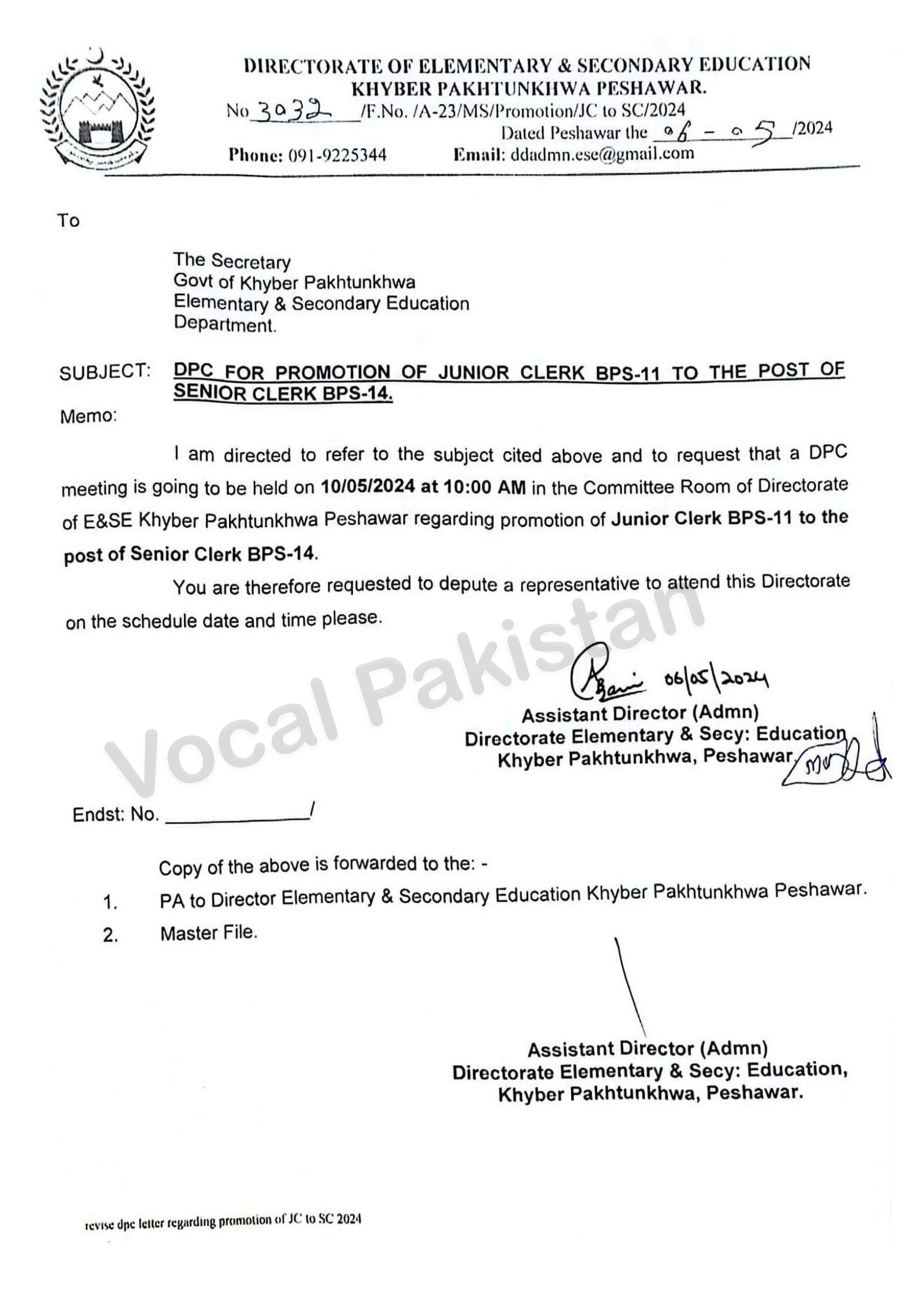 KPK 2 Notification- DPC For Promotion Of Junior Clerk BPS-11 To The Post Of Senior Clerk BPS-14 By Directorate Of Elementary & Secondary Education, Khyber Pakhtunkhwa
