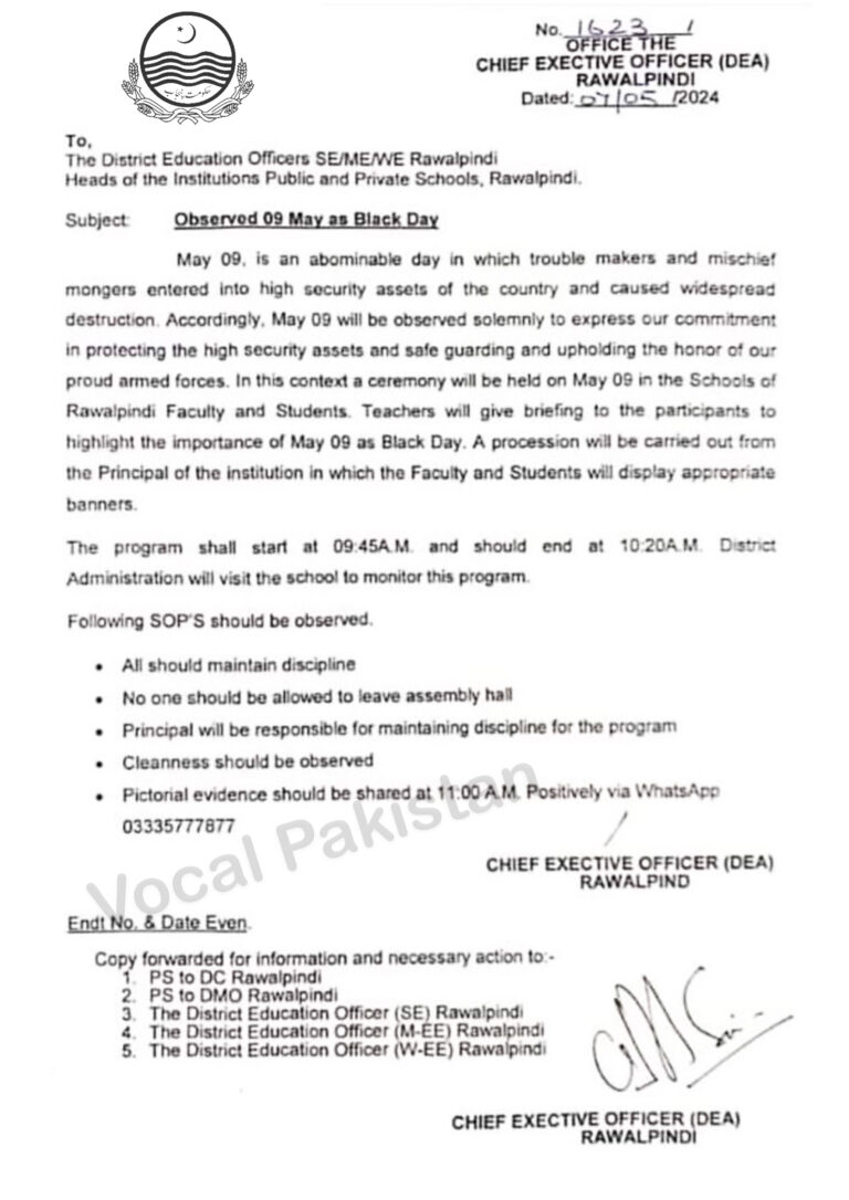 Notification-Observed 09 May as Black Day By Chief Executive Officer (DEA), Rawalpindi