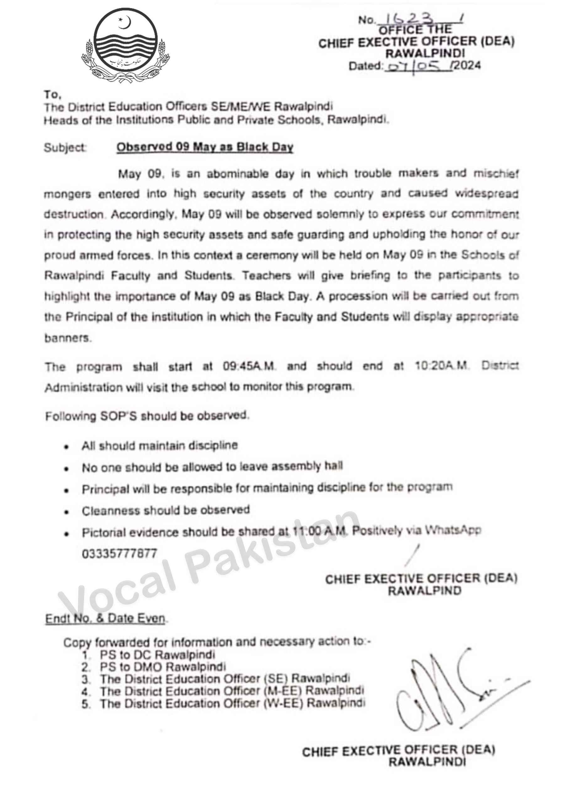 Punjab 10 Notification-Observed 09 May as Black Day By Chief Executive Officer (DEA), Rawalpindi
