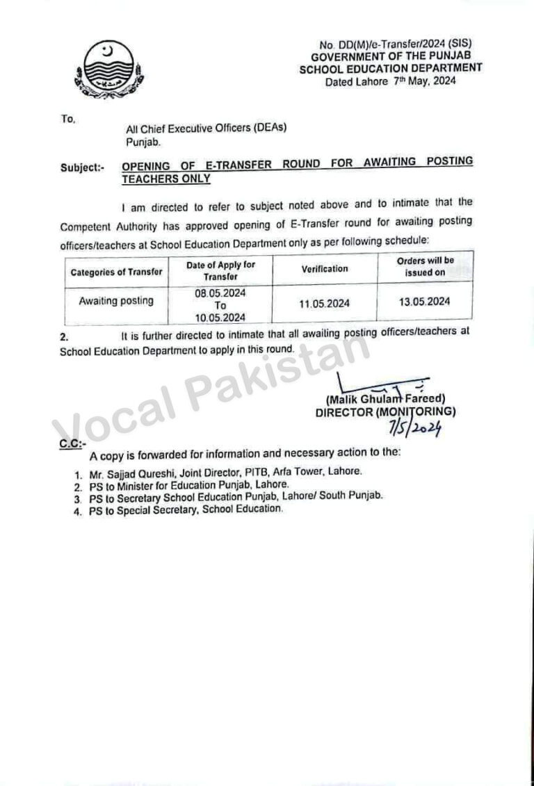 Notification-Opening Of E-Transfer Round For Awaiting Posting Teachers Only By School Education Department Punjab