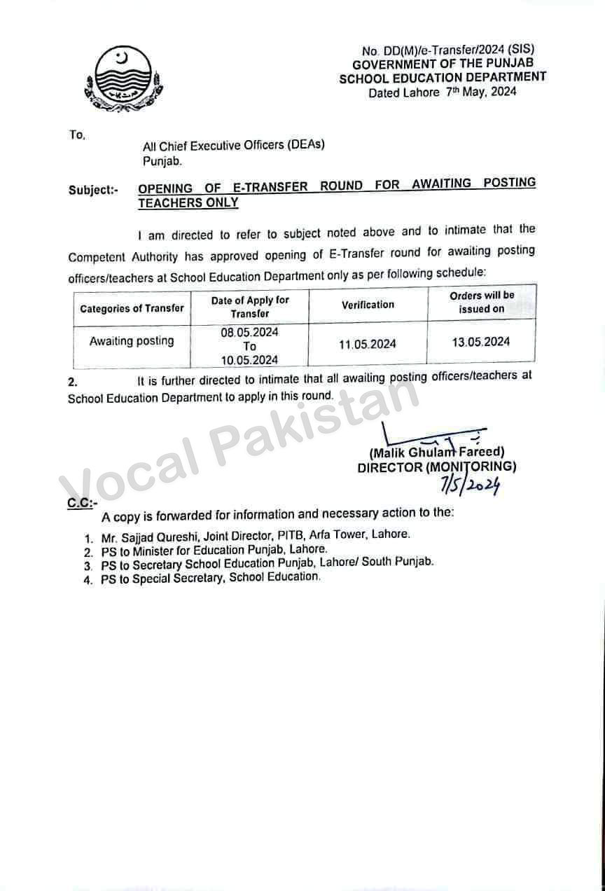 Punjab 6 Notification-Opening Of E-Transfer Round For Awaiting Posting Teachers Only By School Education Department Punjab