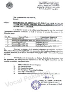 Notification-Promotion Of Officials Of Zakat & Ushr Wing Of Auqaf, Religious Affairs, Zakat & Ushr Department Government Of Sindh