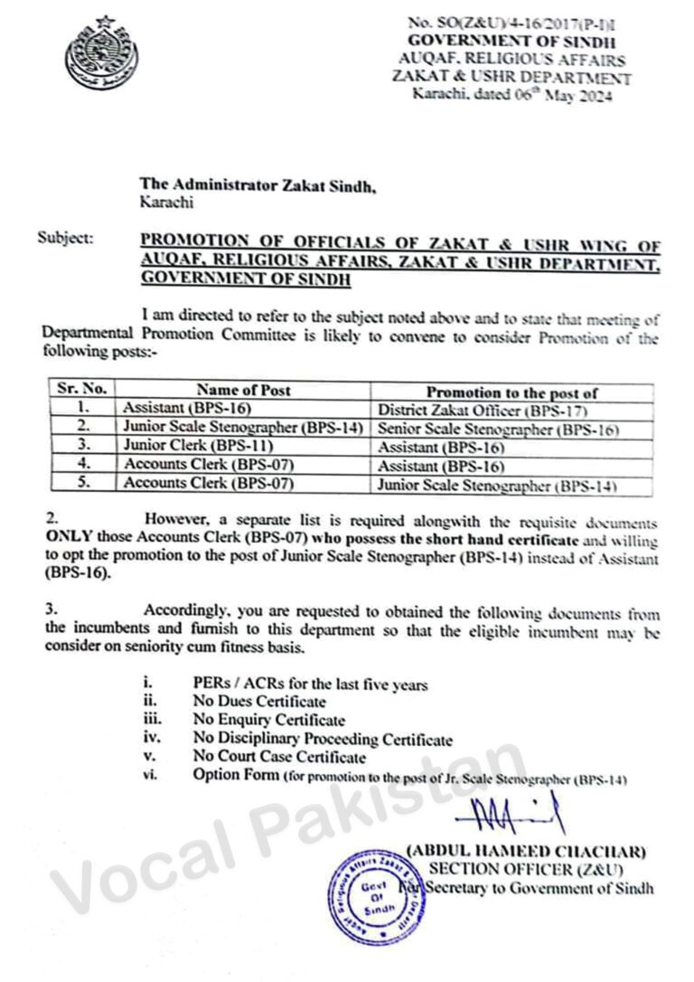 Notification-Promotion Of Officials Of Zakat & Ushr Wing Of Auqaf, Religious Affairs, Zakat & Ushr Department Government Of Sindh