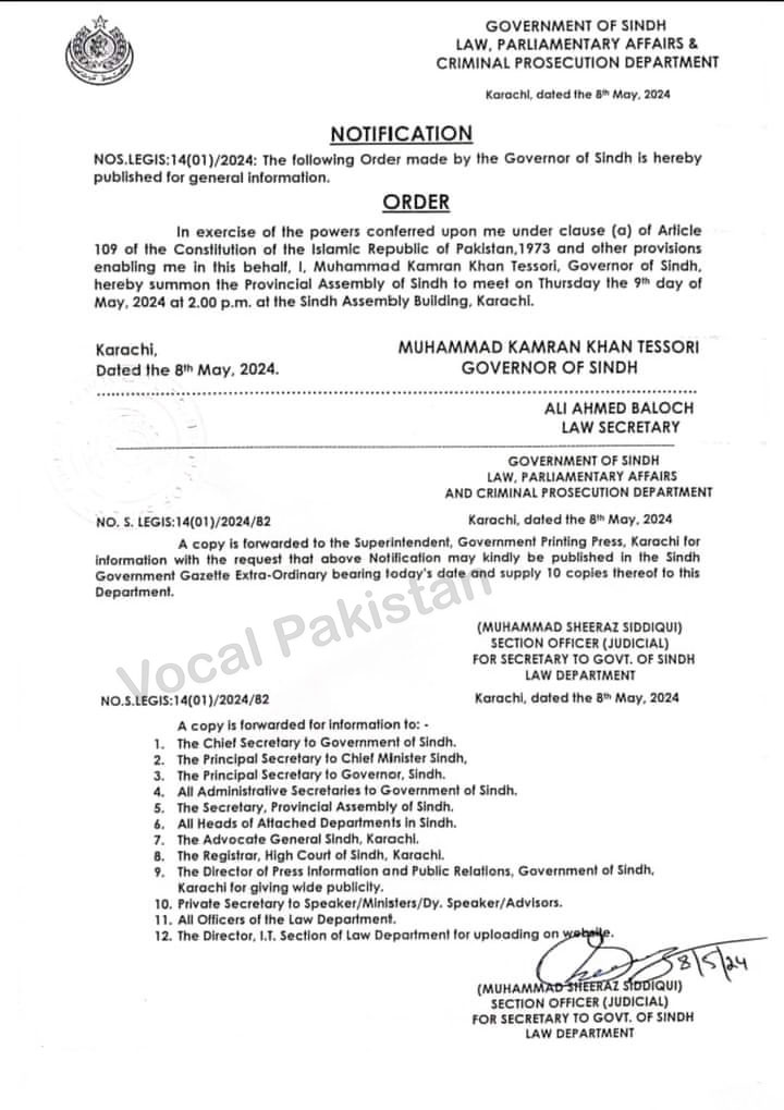 Notification-Provincial Assembly Of Sindh To Meet On Thursday The 9th Day Of May, 2024