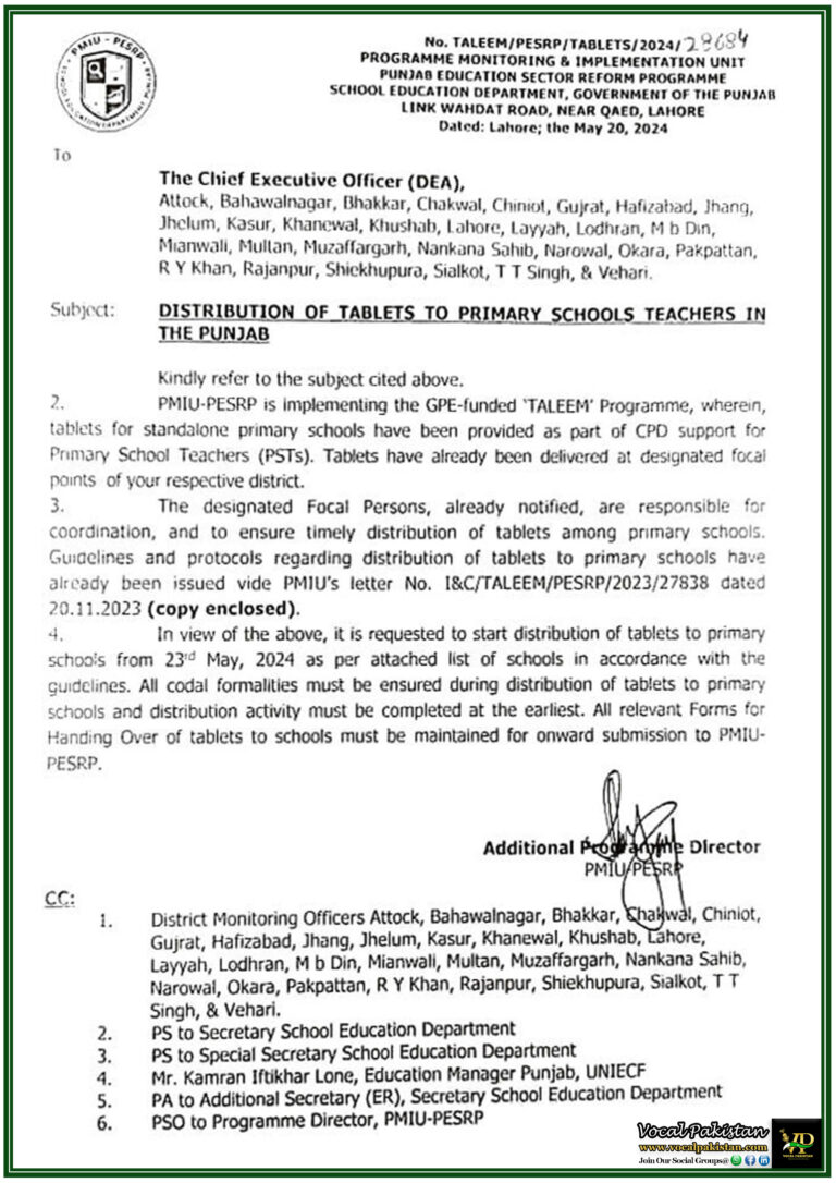 Notification Regarding Distribution Of Tablets To Primary Schools Teachers In The Punjab By Programme Monitoring & Implementation Unit Punjab Education Sector Reform Programme School Education Department, Government Of The Punjab