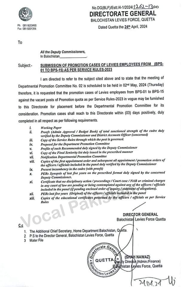 Notification- Submission Of Promotion Cases Of Levies Employees From (BPS-01 To BPS-15) As Per Service Rules-2023 By Directorate General Balochistan Levies Force, Quetta