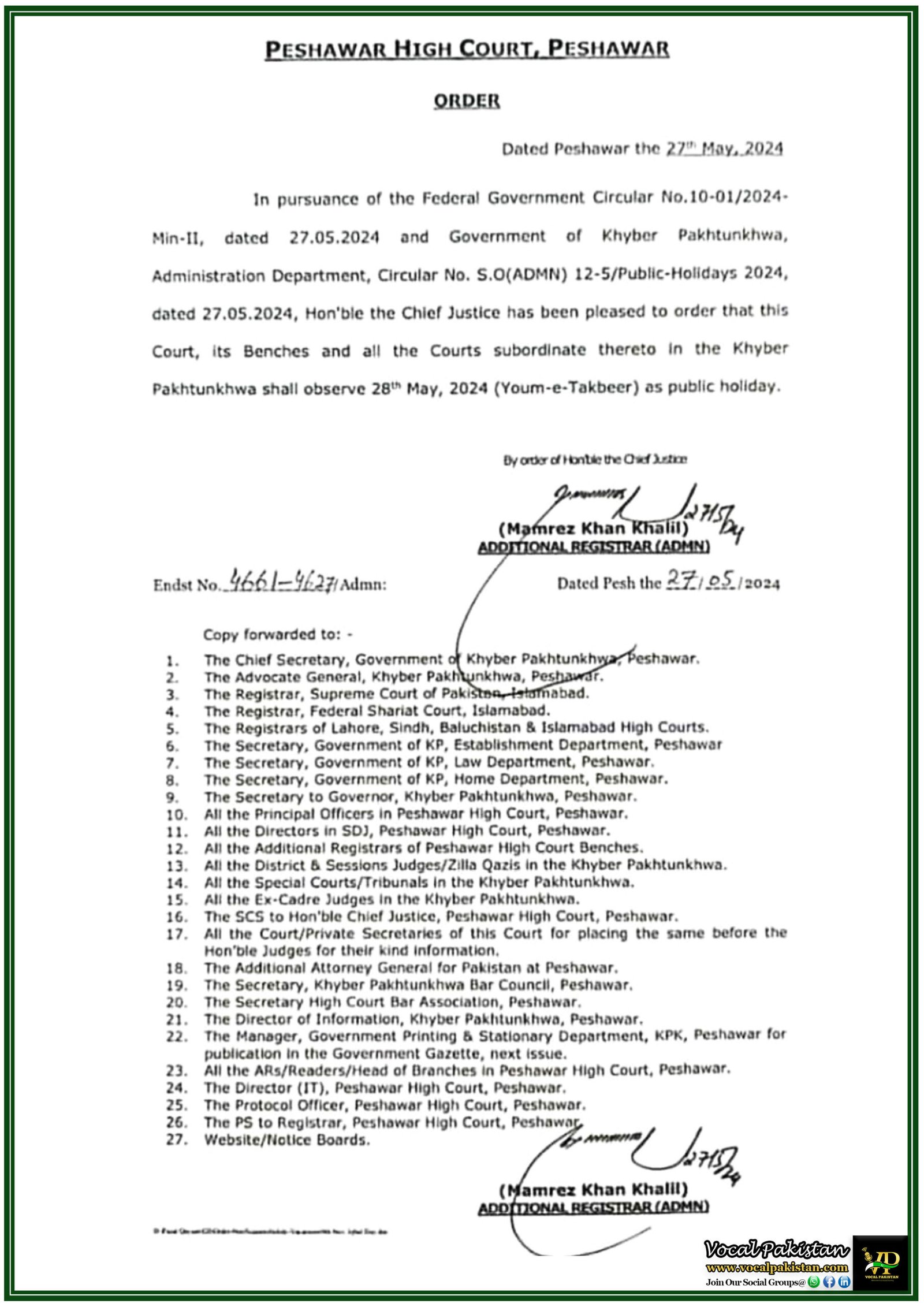 Peshawar High Court Declares Public Holiday on Youm-e-Takbeer Official Notification Issued