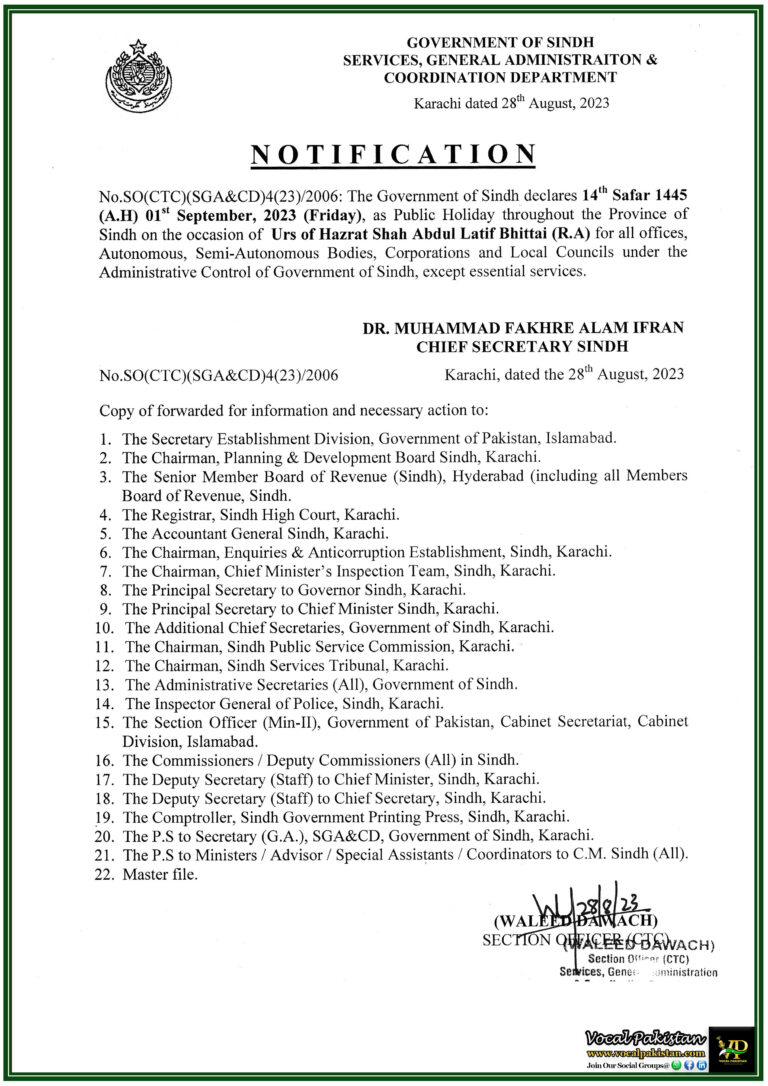 Sindh Government Announces Public Holiday on 1st September 2023 for Urs of Hazrat Shah Abdul Latif Bhittai