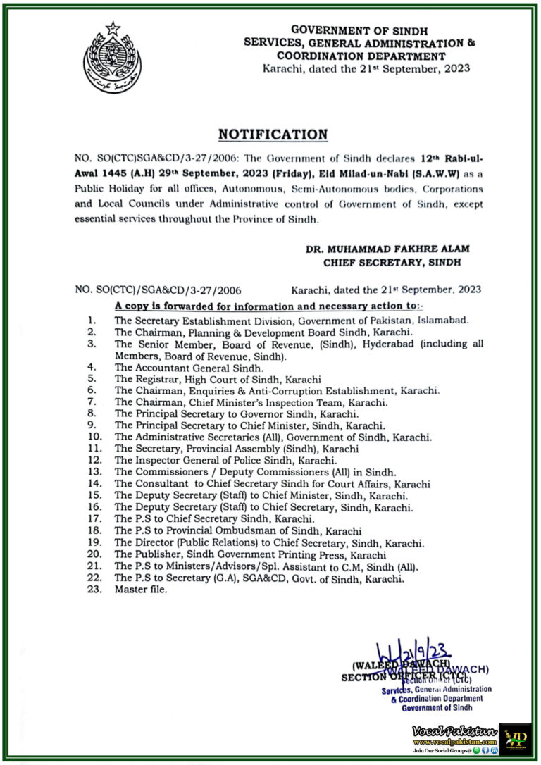 Sindh Government Declares Public Holiday for Eid-Milad-un-Nabi on September 29, 2023-Notification