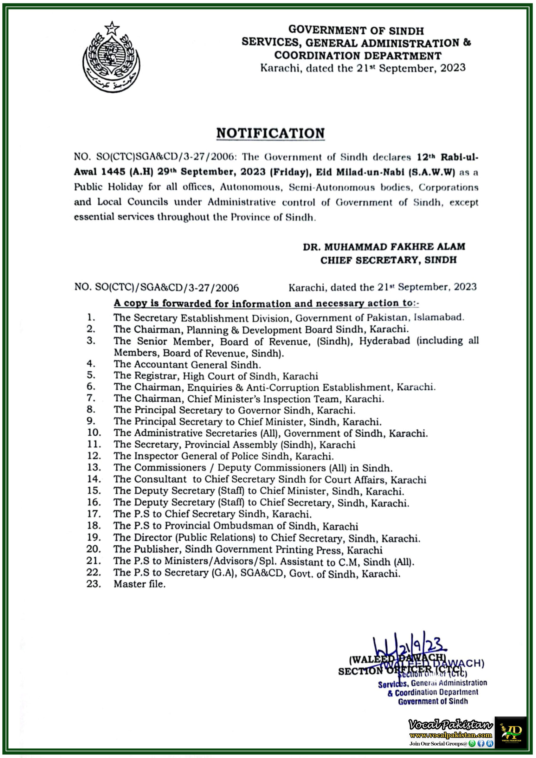 Public Holiday 10 Sindh Government Declares Public Holiday for Eid-Milad-un-Nabi on September 29, 2023-Notification