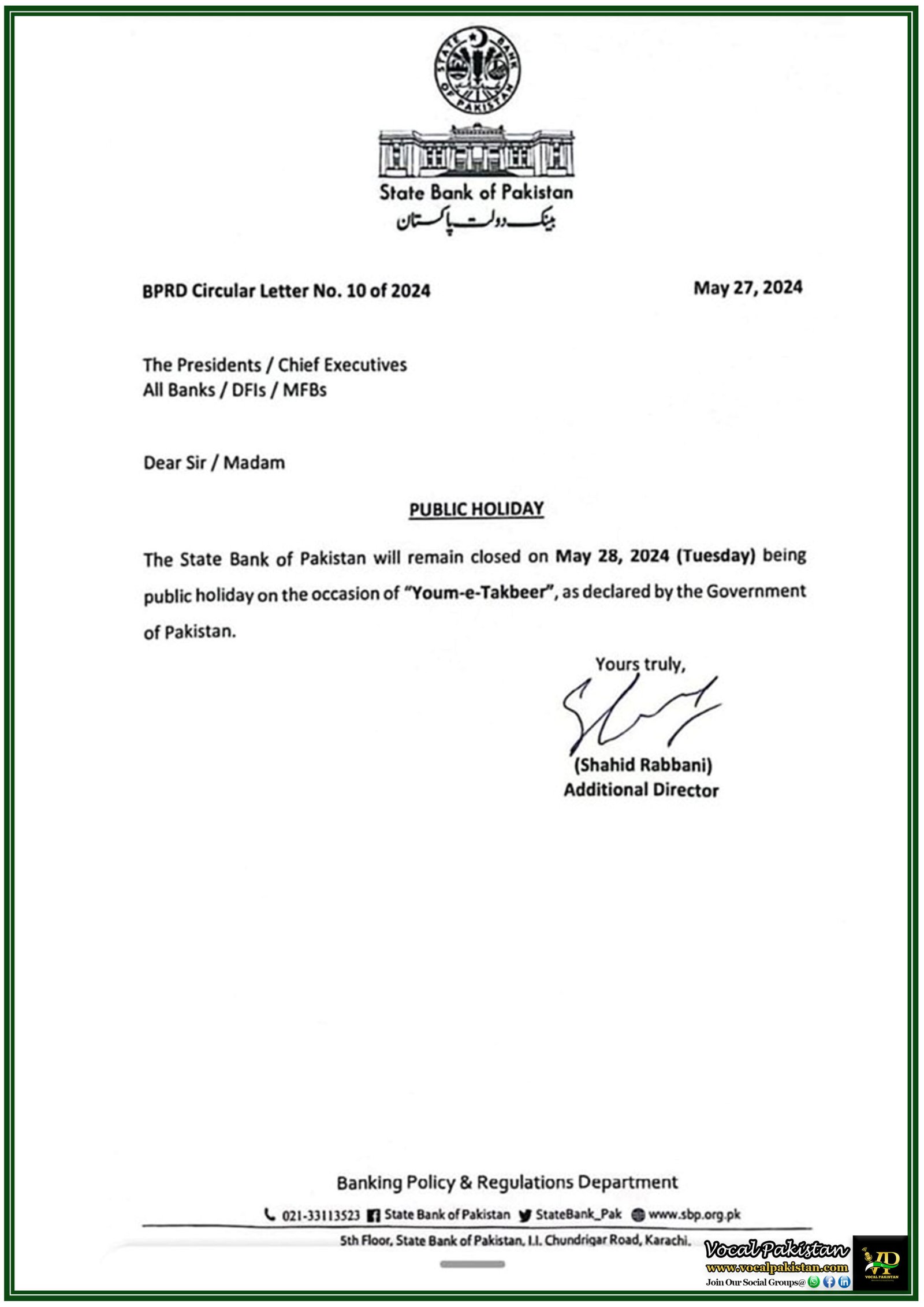 State Bank of Pakistan Declares Public Holiday on Youm-e-Takbeer – May 28, 2024-Notification