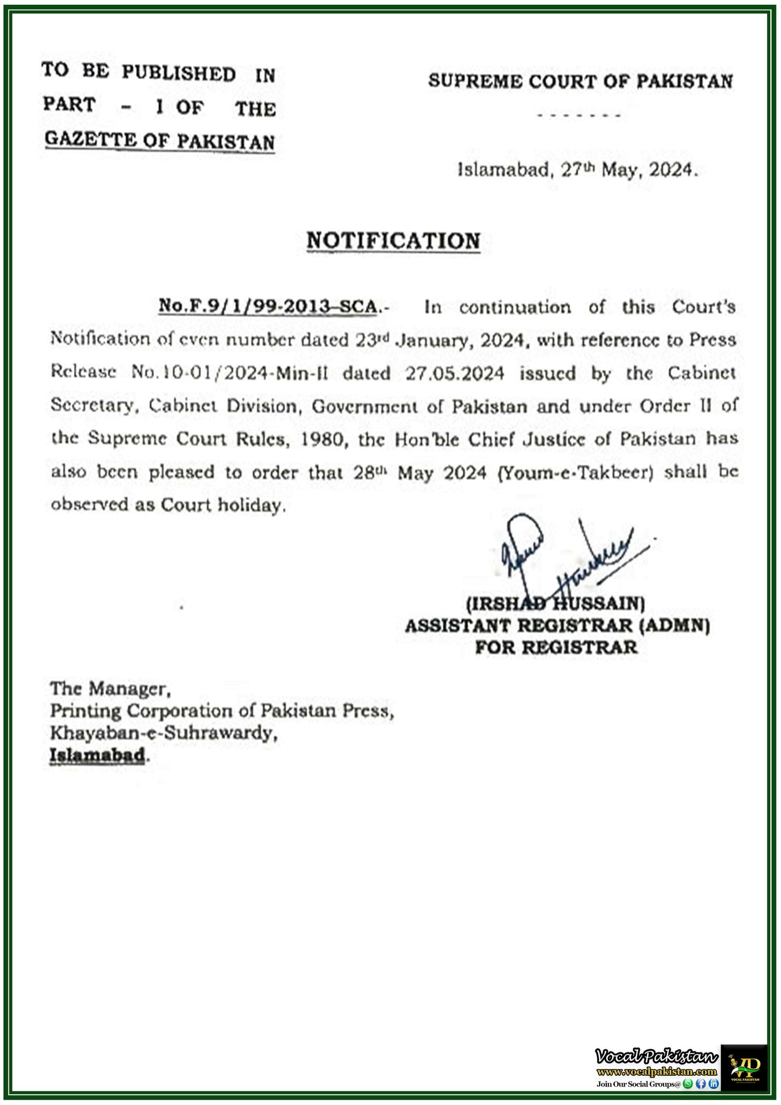 Supreme Court Declares Youm-e-Takbeer a Court Holiday: Official Notification Released