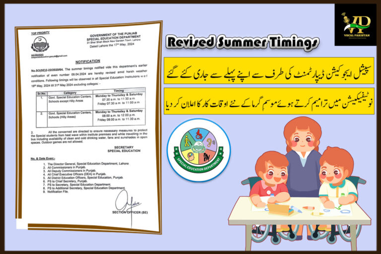 The Special Education Department Punjab has announced the new summer timings by amending its earlier notification