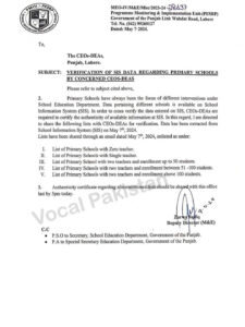 Verification Of SIS Data Regarding Primary Schools By Concerned CEOs-DEAs By Government Of The Punjab